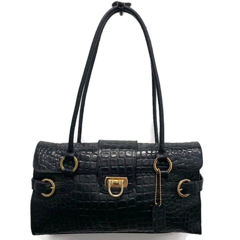 Lord & Taylor Black Moc Croc Leather Shoulder Bag